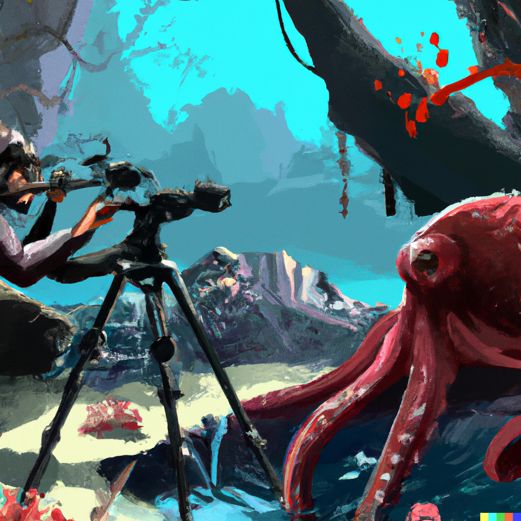 A cameraman shooting an octopus deep underwater, generated by DALL E 2
